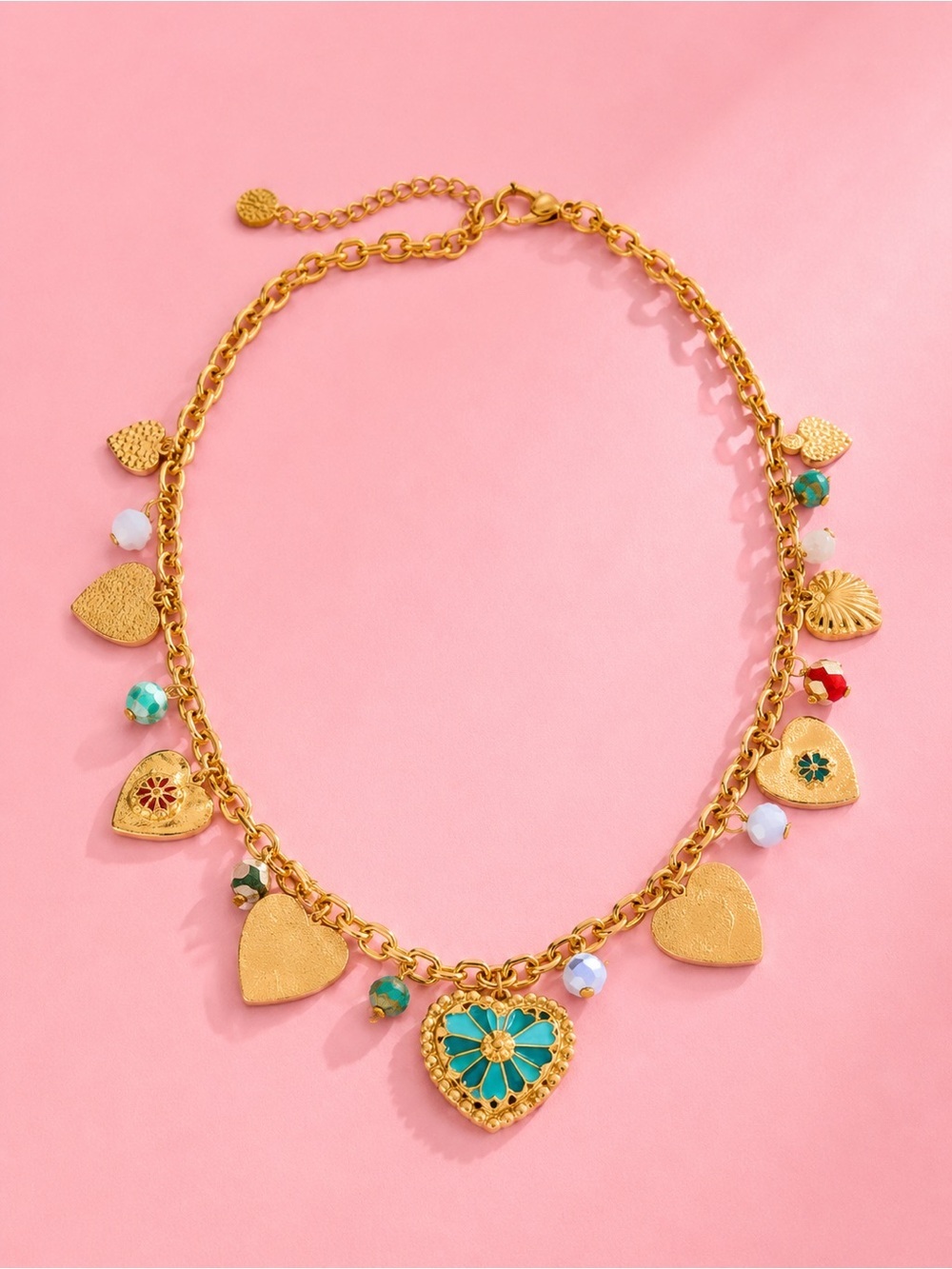 Mosaic Gold Heart Charm Necklace with Turquoise and Multicolor Beads